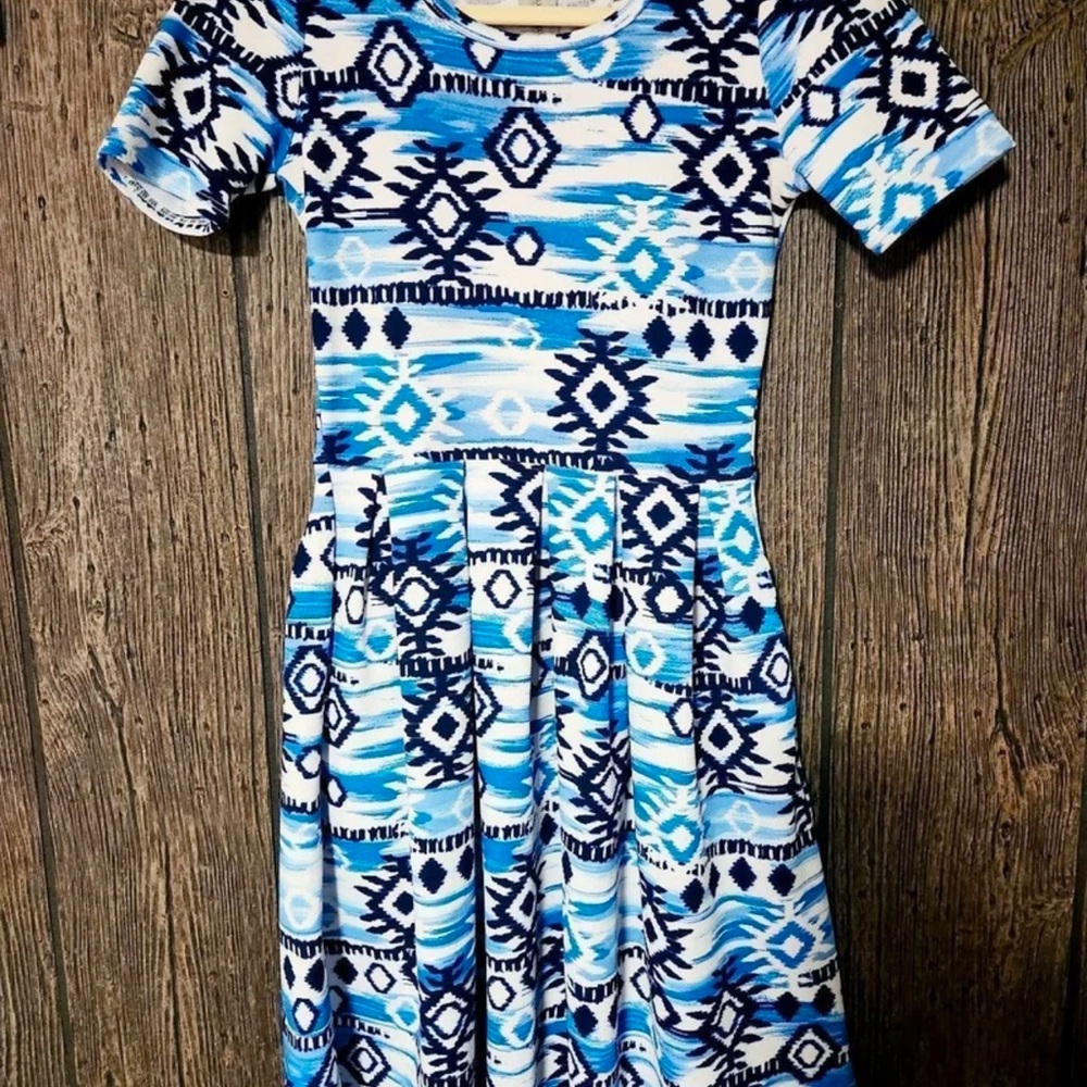 Blue and White Fit and Flare Dress with Short Sleeves